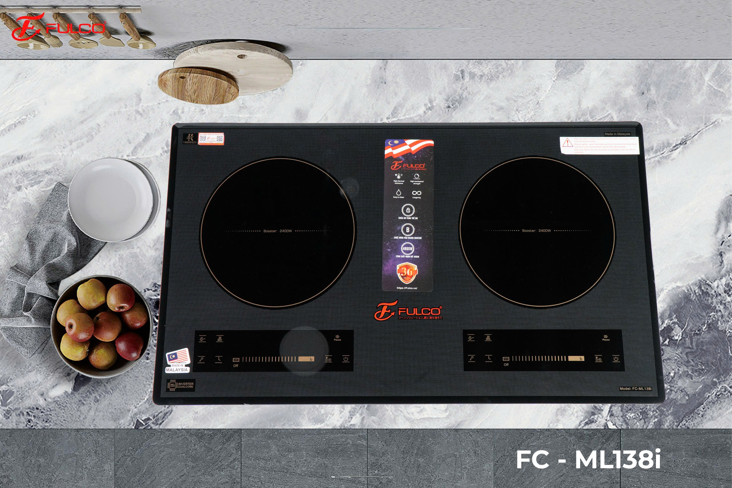 Bếp đôi điện từ Fulco FC-ML138i được sử dụng mặt kính kanger bo viền vàng cao cấp.